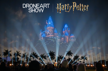 Promotional banner for DroneArt's night sky show in Harry Potter theme.