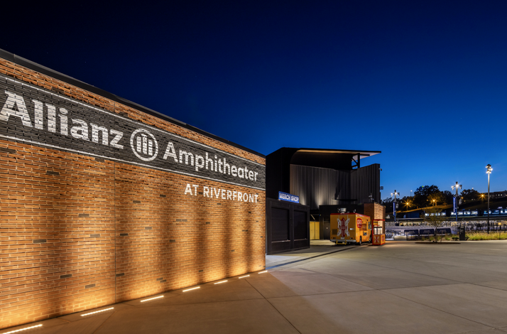 Exterior of the Allianz Amphitheater in Richmond, VA photographed at dusk.