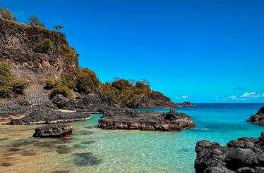 Rocky coastline with turquoise water and lush cliffs under a clear blue sky.