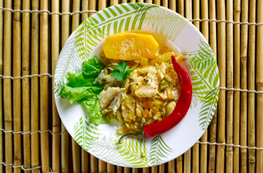 A plate display of Ackee and Saltfish, the national dish of Jamaica. 