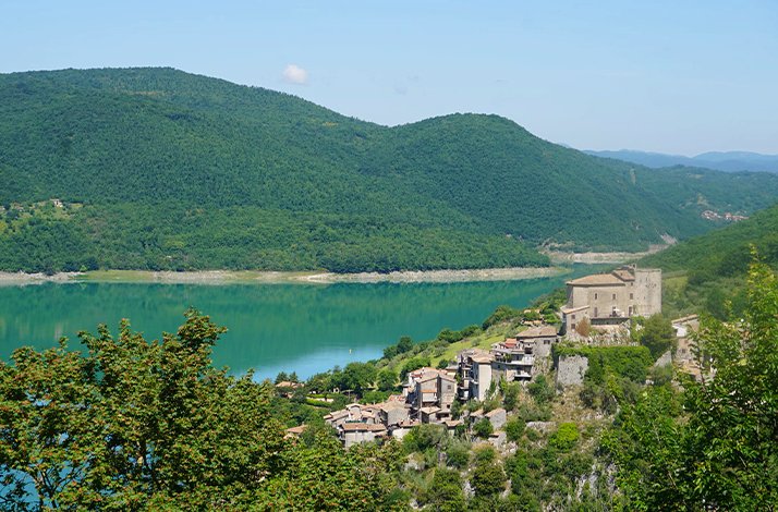 Panorama view at Lake Turano from the village  Castel di Tora, Italy.
