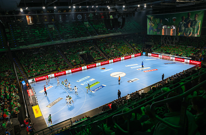 Handball match at the Max-Schmeling-Halle in Berlin, Germany.