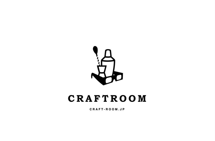 Black and white CRAFTROOM logo featuring an illustration of a cocktail shaker, bar spoon, and glasses above the text 