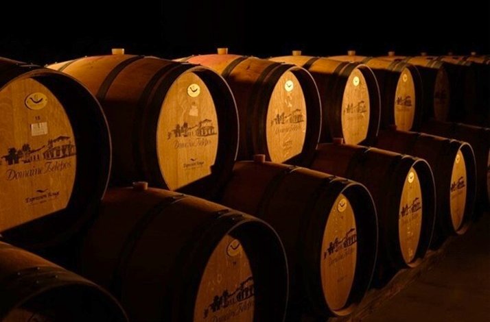 Oak barrels for wine storage at Arcadia.