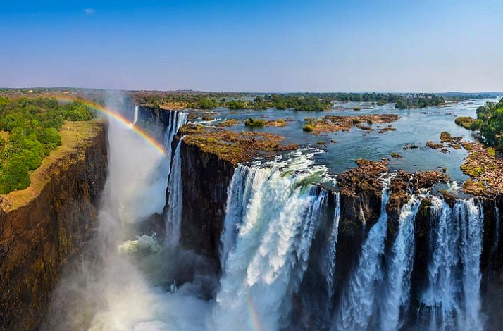 View from the top on Victoria Falls and a rainbow.