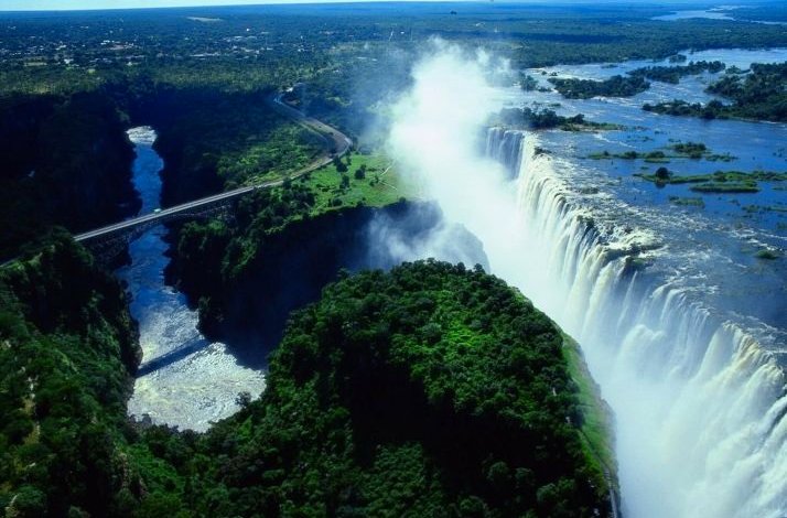 Aerial view of Victoria Falls between Zambia and Zimbabwe borders