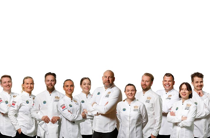 Clean team photo of the Swedish National Culinary Team against a white background.