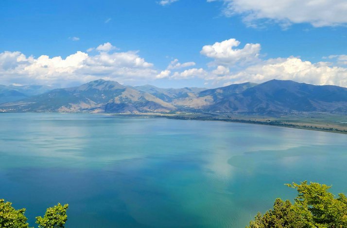 Bird-eye view over the Great Prespa lake on a sunny summer day, Greece.