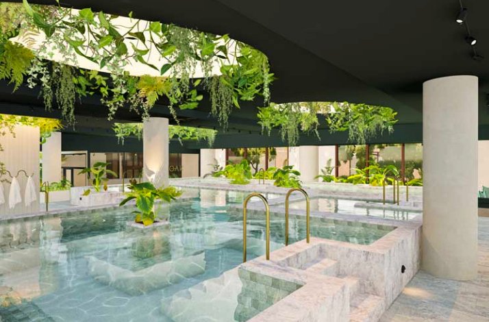 A pool at Soak Bathhouse Alexandria, featuring elegant design and surrounding greenery.