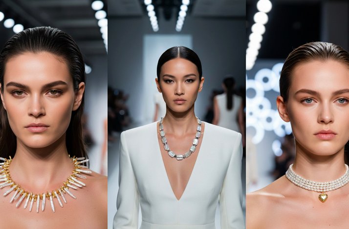 Three models showing necklaces designed by The Bulums on a runway.