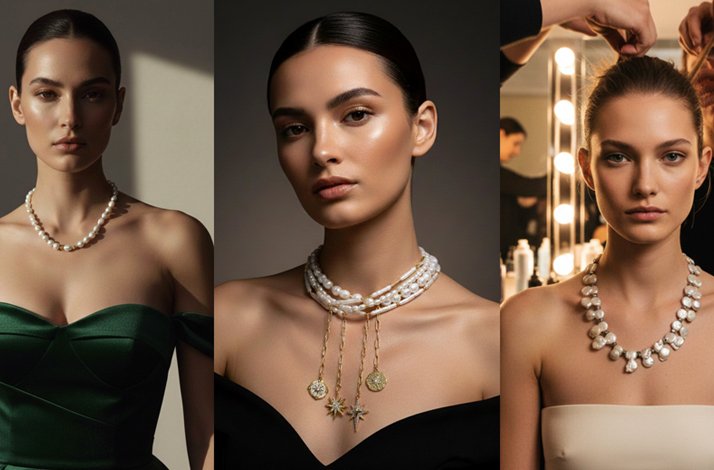Three models showing necklaces designed by The Bulums.