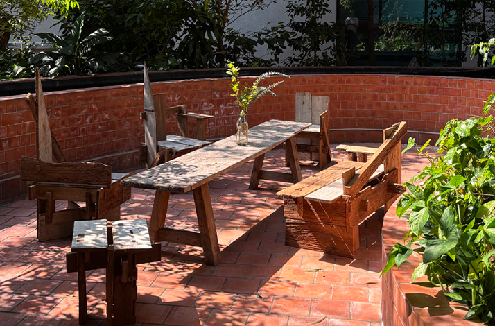 An outdoor seating area with wooden tables and benches in a sunlit garden.