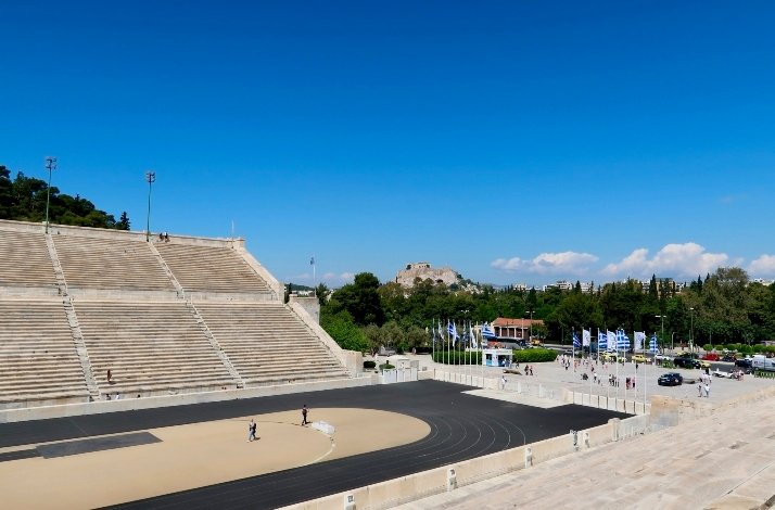 View from the tribunes at the entrance of Panathenaic Stadium in Athens, Greece.