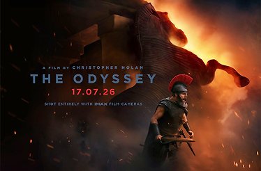 Promotional banner for 'A FILM BY CHRISTOPHER NOLAN THE ODYSSEY 17.07.26 SHOT ENTIRELY WITH IMAX FILM CAMERAS'.