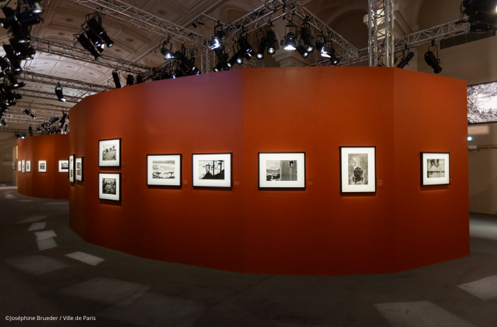 Ville de Paris gallery hall with pictures hanging on red walls.