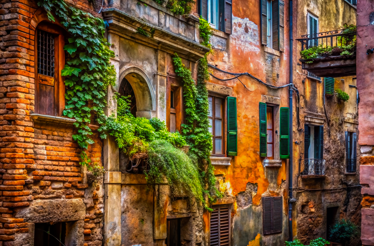 Ivy-draped, ochre-walled buildings with green shutters lining a sun-warmed Roman street in Trastevere, Rome.