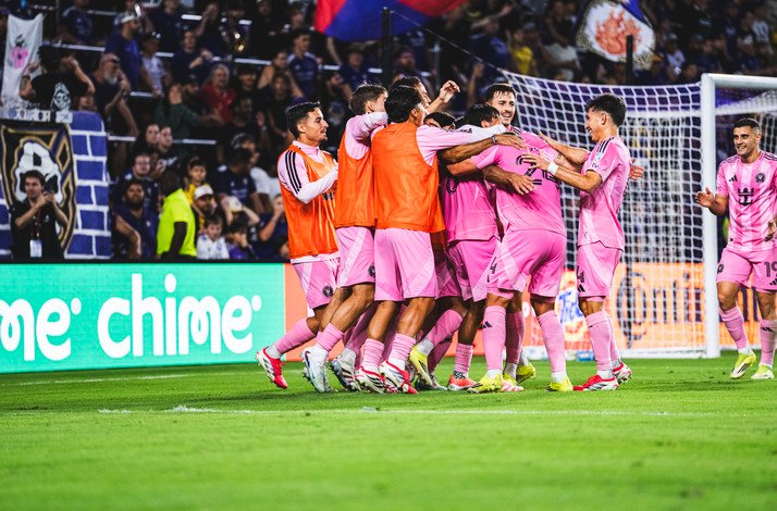 Inter Miami CF celebrating on a football field.