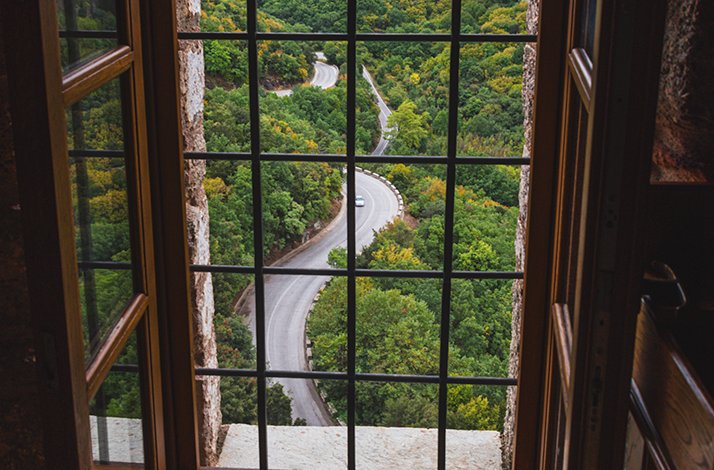 A view from the window of the Monastery of Rousanou in Meteora, Greece.