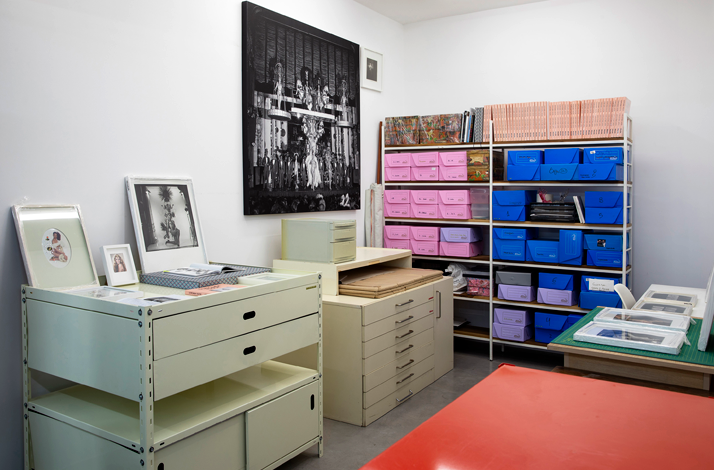 View of an archive area with artworks and artistic materials