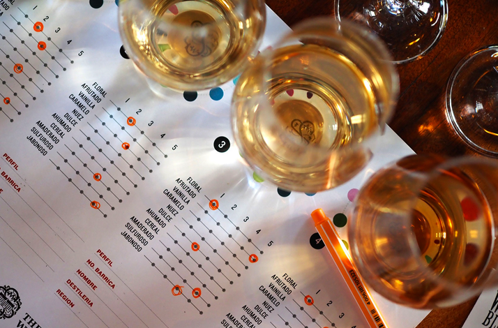 Close-up of whisky glasses over a flavor and aroma scoring sheet, capturing the sensory evaluation during a guided blind whisky tasting.