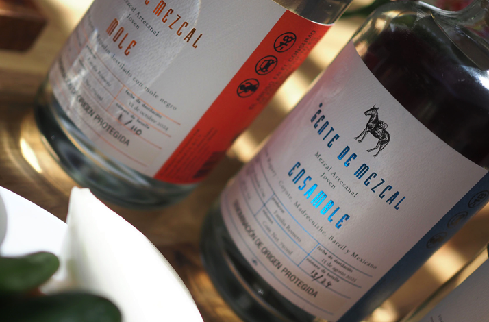 Close-up of artisanal mezcal bottles displayed on a sunlit table during a private mezcal tasting experience in La Condesa, Mexico City.