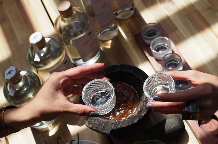 Guests clinking mezcal tasting glasses beside a traditional molcajete as part of a hands-on salsa-making ritual.