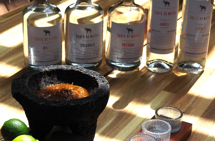 Five artisanal mezcals lined up behind a molcajete filled with freshly prepared salsa on a terrace tasting table