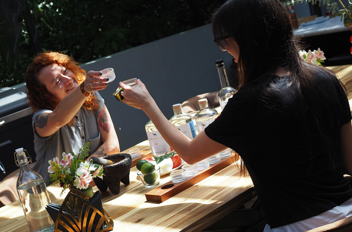 Guests enjoying a private mezcal tasting on a sunny terrace, guided by expert Sade Alonso with skyline views of La Condesa.