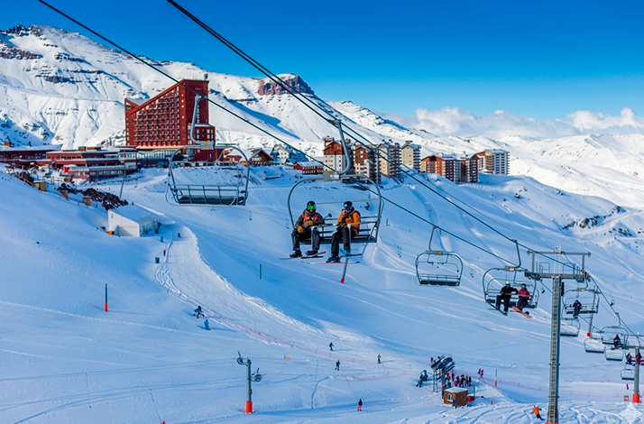 Winter landscape at Valle Nevado Ski Center with skiers and mountain ranges in the Chilean Andes.
