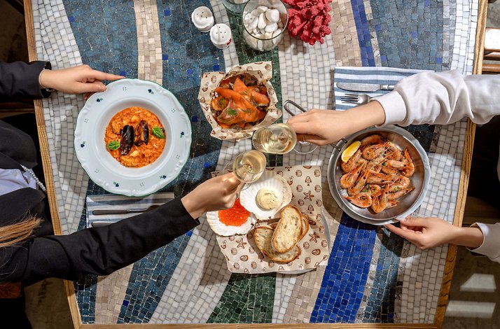 Seafood dishes served at Kaspiyka seafood restaurant in Tashkent.