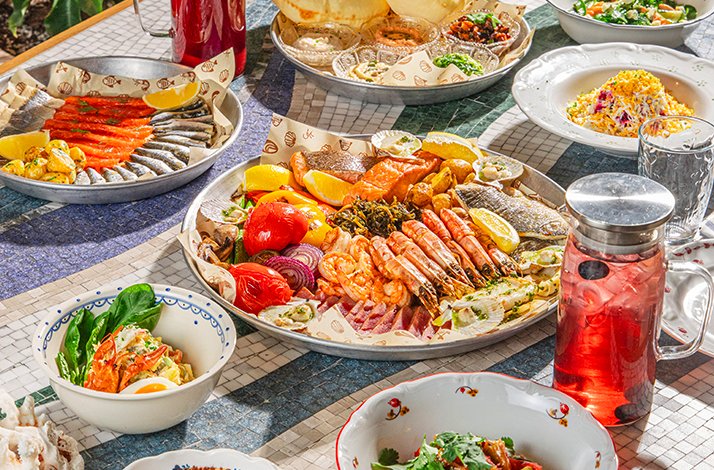 Seafood dishes served at Kaspiyka seafood restaurant in Tashkent.