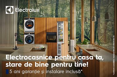 Promotional banner for Electrolux campaign. The image features Electrolux logo in the top left, and text - Electrocasnice pentru casa ta, stare de bine pentru tine! 5 ani agantie si instalare inclusa* * conform conditilor mentlonde pe electrolux.ro