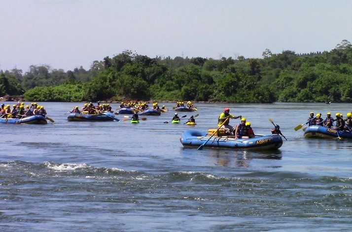Multiple rafting groups enjoying the serene stretches of the Nile River with scenic green surroundings.