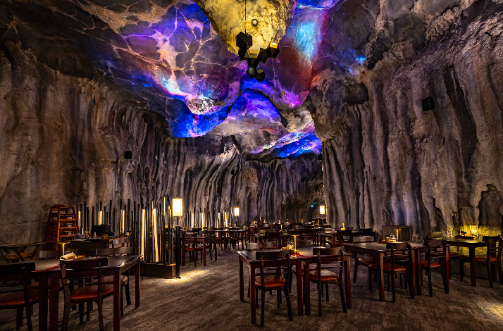 Interior of the Cavern Restaurant located within the Mandai Wildlife Reserve in Singapore.