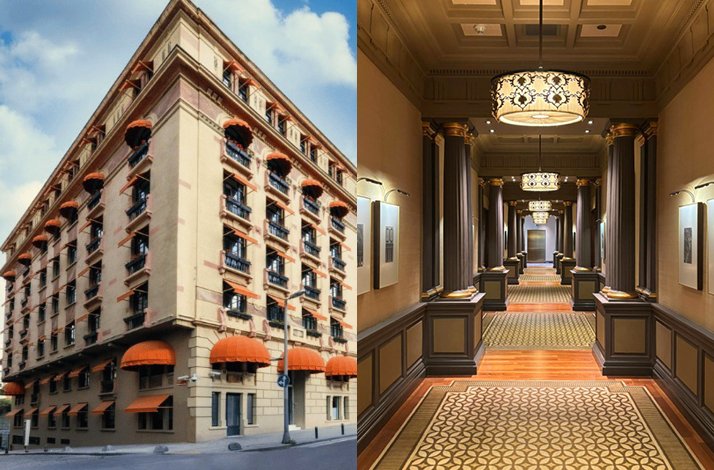 Two-paneled image. Left: A historic building exterior with orange window awnings. Right: A grand, high-ceilinged corridor with dark columns, ornate chandeliers, and a long patterned runner. Classic luxury architecture with warm lighting.