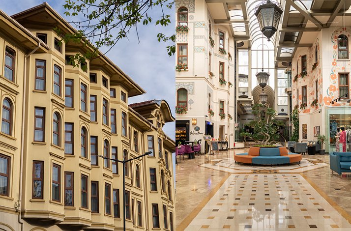 Two-paneled image. Left: The historic facade of Tayyare Apartments in Laleli with its distinct bay windows. Right: The building's modern interior atrium featuring a high glass ceiling, marble floors, and a circular orange and blue seating area.