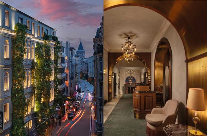Two-paneled image. Left: Exterior of Camondo Han covered in lush green ivy with street-side café tables. Right: The interior corridor featuring a high, vaulted wooden ceiling, dim ambient lighting, stone walls, and a classic armchair.
