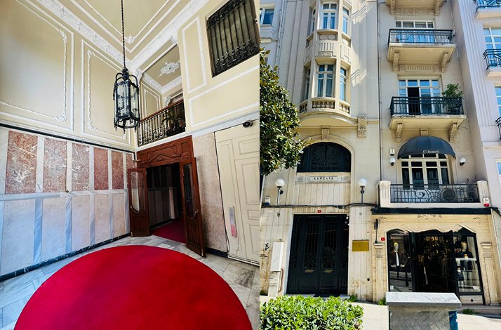 Two-paneled image. Left: The entrance hall of Kamelya Apartment with a semi-circular red rug, marble wall panels, and an ornate wooden door. Right: The building's exterior showing classic balconies, a dark wooden entrance, and a ground-floor storefront.