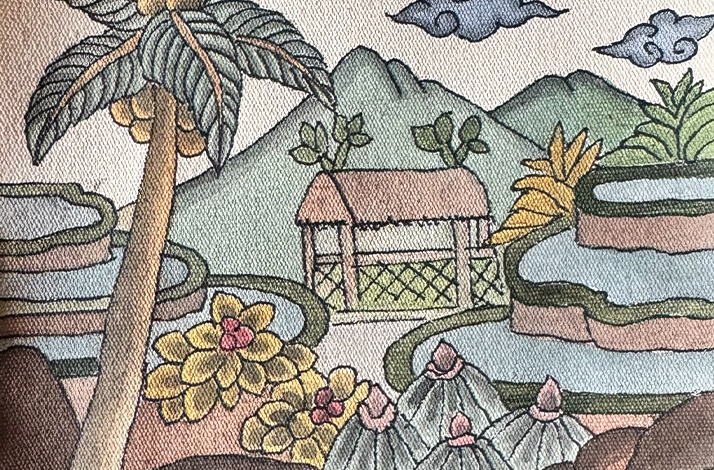 Balinese painting of a traditional family compound and rice terraces in Batuan Village.