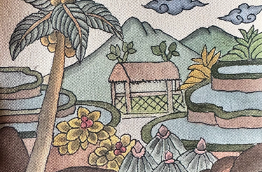 Balinese painting of a traditional family compound and rice terraces in Batuan Village.