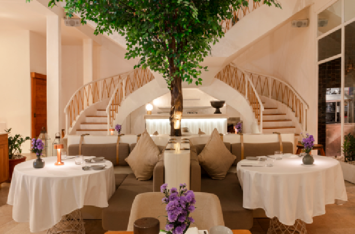 Mauri's elegant dining room with indoor tree and staircases