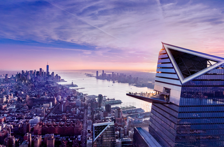 An aerial panoramic NYC skyline views from more than 1,100 feet up.