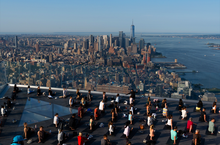 A guided morning yoga class at Edge at Hudson Yards.