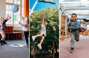 Children explore a playful world of science and movement, reaching for the unknown, swinging through the air, and running with energy, laughter, and a sense of curious discovery.