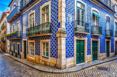 Building with blue azulejo tiles in Lisbon, Portugal.