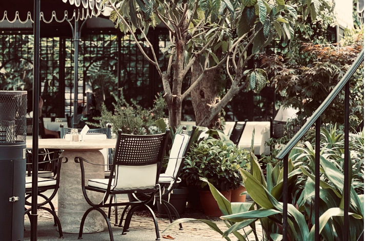 Delicatessen outdoor seating area surrounded by lush green trees and potted plants, featuring elegant metal chairs with white cushions and a marble table under a garden canopy.