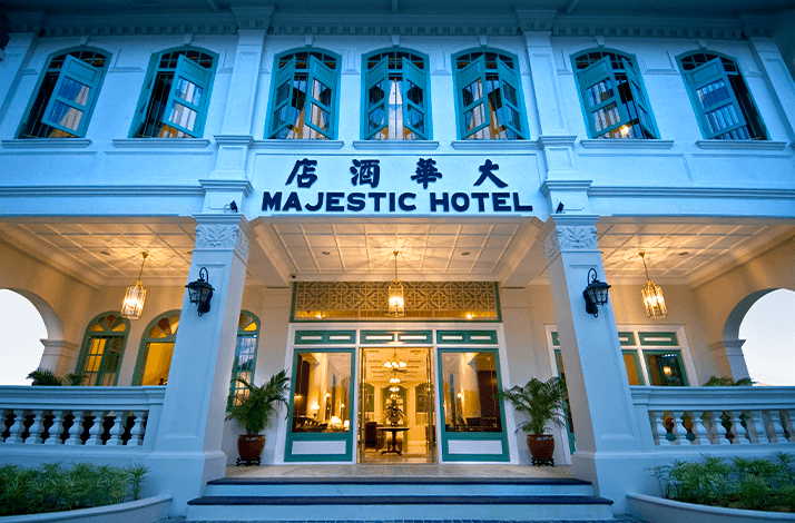 Exterior façade of The Majestic Malacca Hotel, located in Malacca, Malaysia.