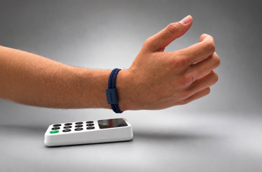 A sleek TAPSTER wearable bracelet hovers above a payment terminal, capturing the ease of fast, contactless payments.