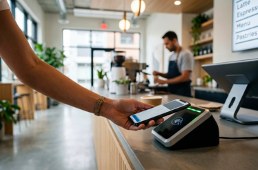 Persona realizando un pago sin contacto con un teléfono móvil en un terminal de cobro sobre el mostrador de una cafetería. Al fondo se observan equipos de preparación, plantas decorativas y un menú.