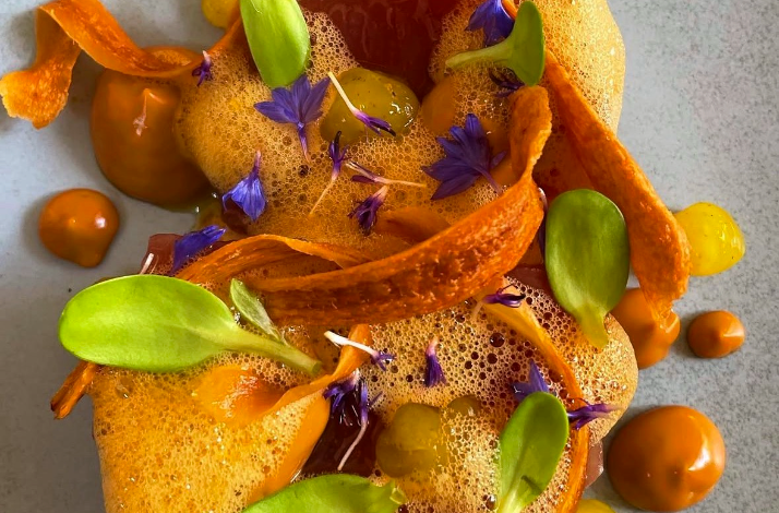 A close-up of an elegantly plated dish garnished with edible purple flowers, microgreens, and orange foam.